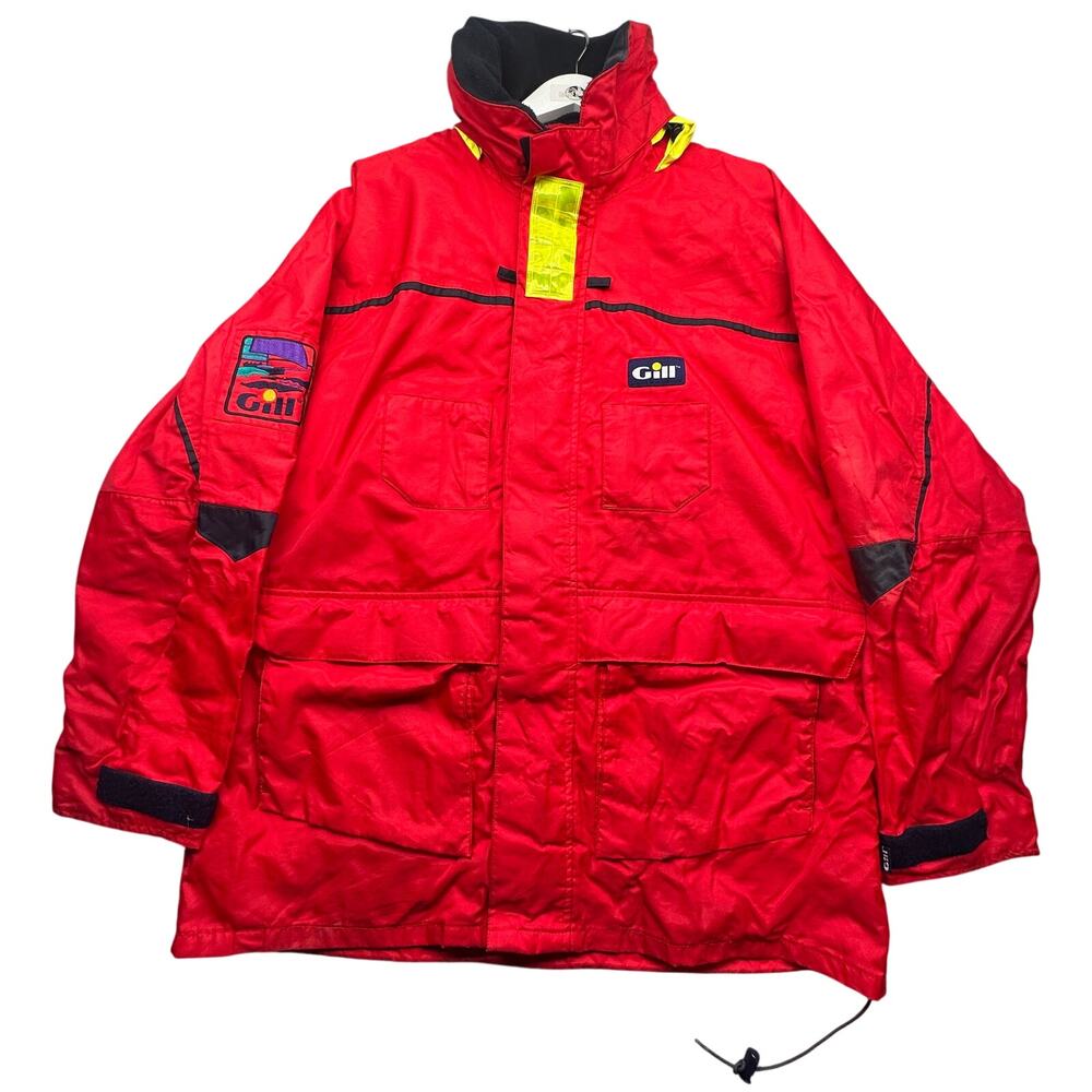 Vintage Gill Douglas Red Sailing Rain Hooded Jacket Men XL Waterproof Reflective